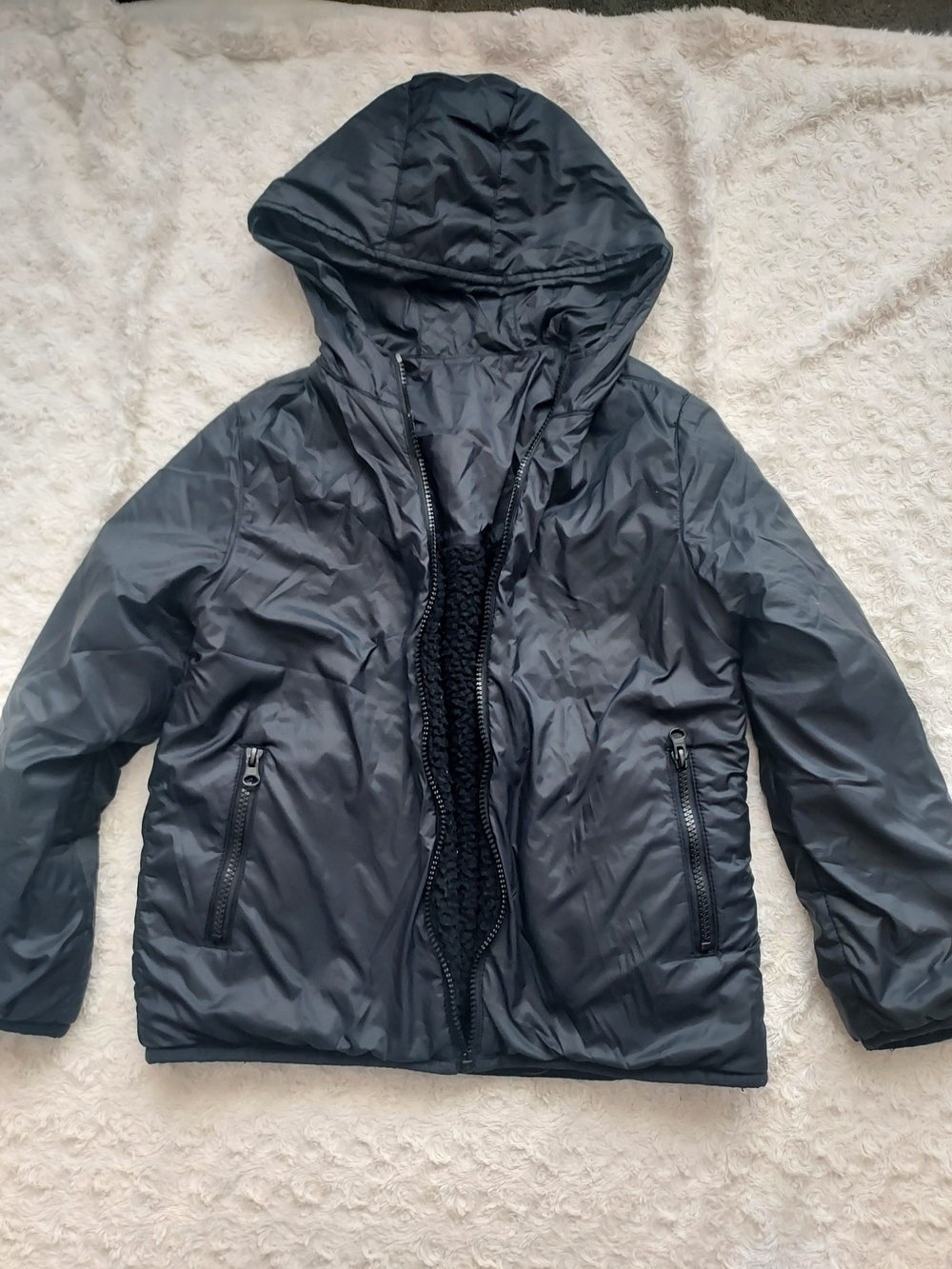 Old Navy Kids Black Hooded Reversible Puffer Fleece Coat Jacket MED 8 Fall Play